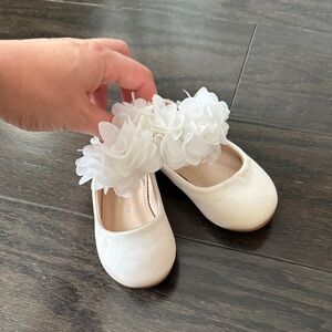 Ivory Satin Flats with Chiffon Flowers Ankle Strap